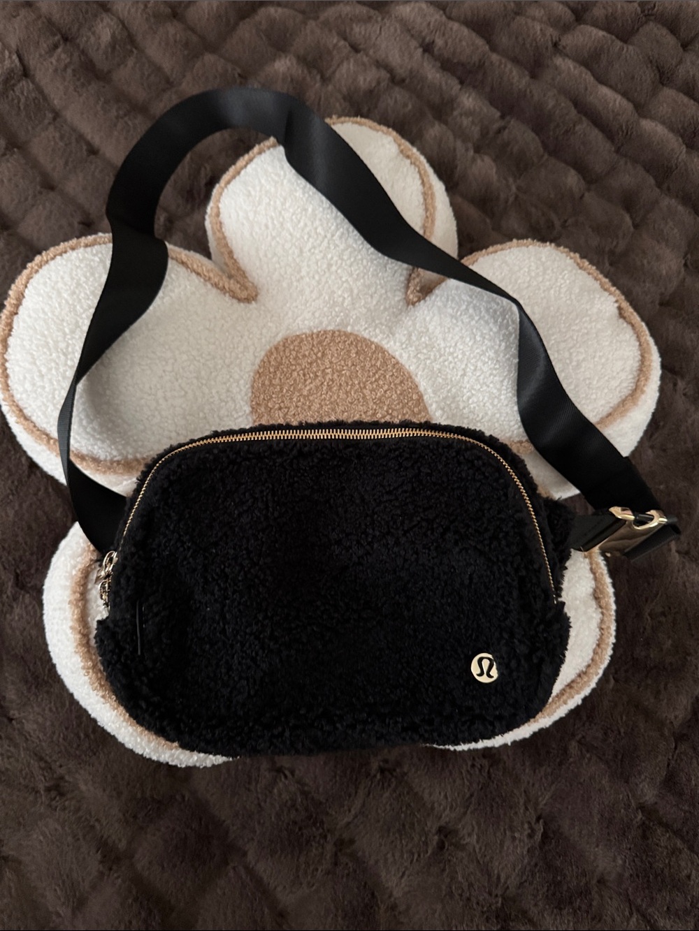lululemon athletica Black Sherpa Crossbody Bag with Gold Hardware